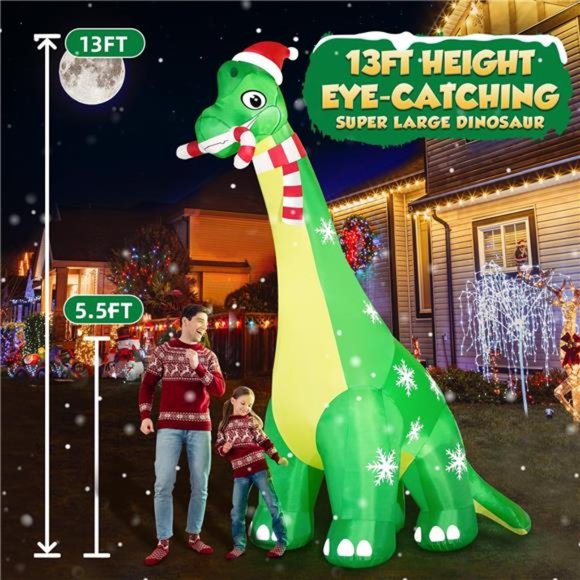 13FT Dinosaur Christmas Inflatable Decor, Built-in LED Lights with Candy Cane - Picture 2 of 7